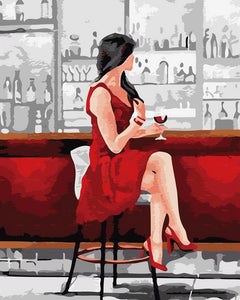 Malen nach Zahlen Figured'Art – Frau in Rot mit Weinglas