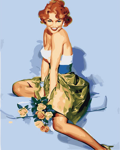 Malen nach Zahlen Figured'Art – Vintage Pin-up mit Blumenstrauß