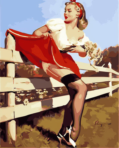 Malen nach Zahlen Figured'Art – Vintage Pin-up mit Zaun