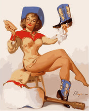 Laden Sie das Bild in den Galerie-Viewer, Malen nach Zahlen Figured&#39;Art – Vintage Pin-up mit blauen Stiefeln