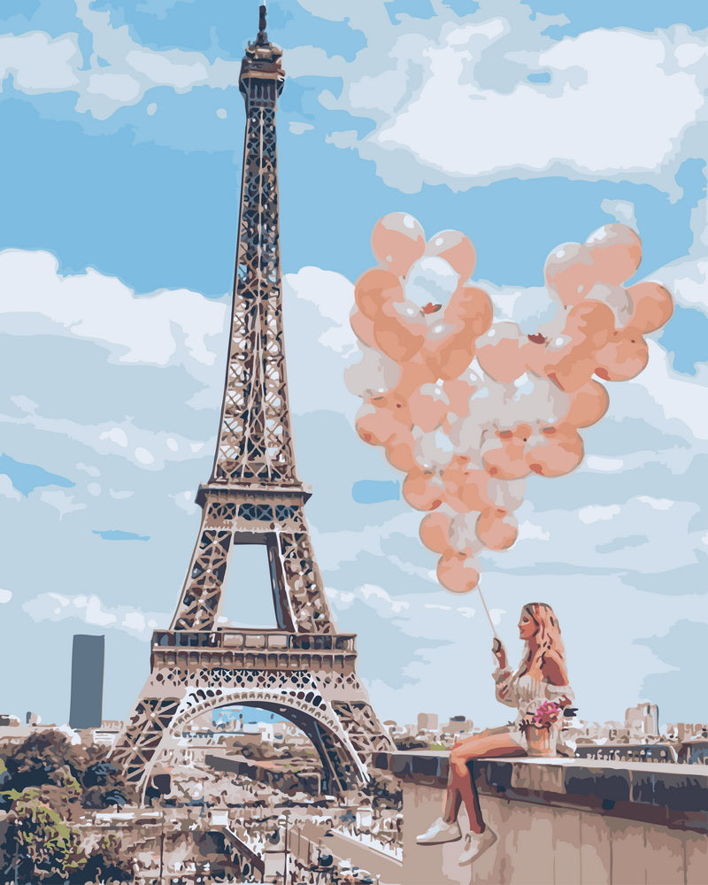 Malen nach Zahlen – Frau und Ballons am Eiffelturm