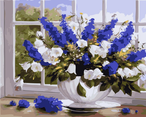 Malen nach Zahlen – Vase mit blau-weißen Blumen