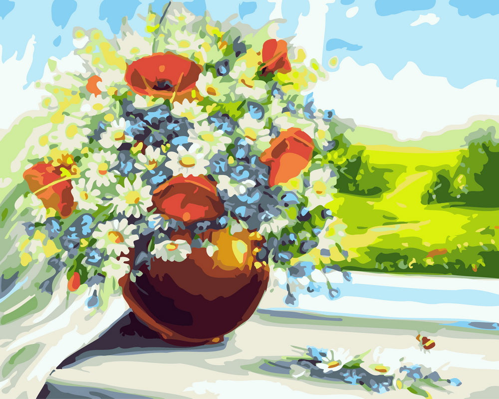 Malen nach Zahlen – Blumenvase mit Blick auf die Felder