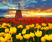 Laden Sie das Bild in den Galerie-Viewer, Malen nach Zahlen – Windmühle und rote und gelbe Tulpen