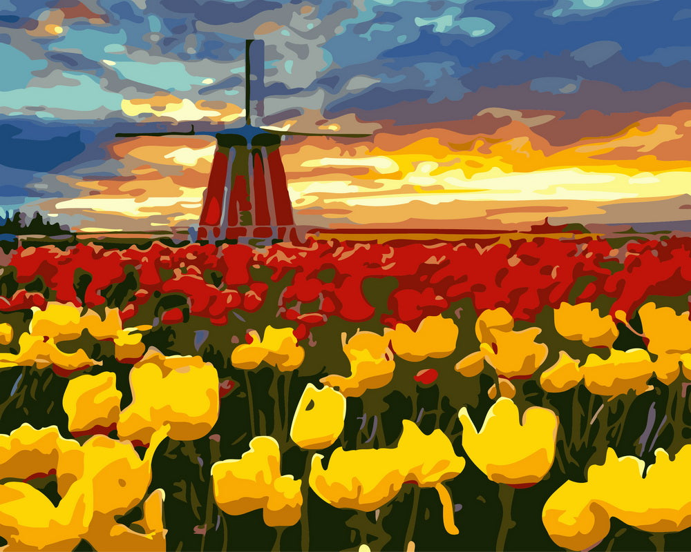 Malen nach Zahlen – Windmühle und rote und gelbe Tulpen