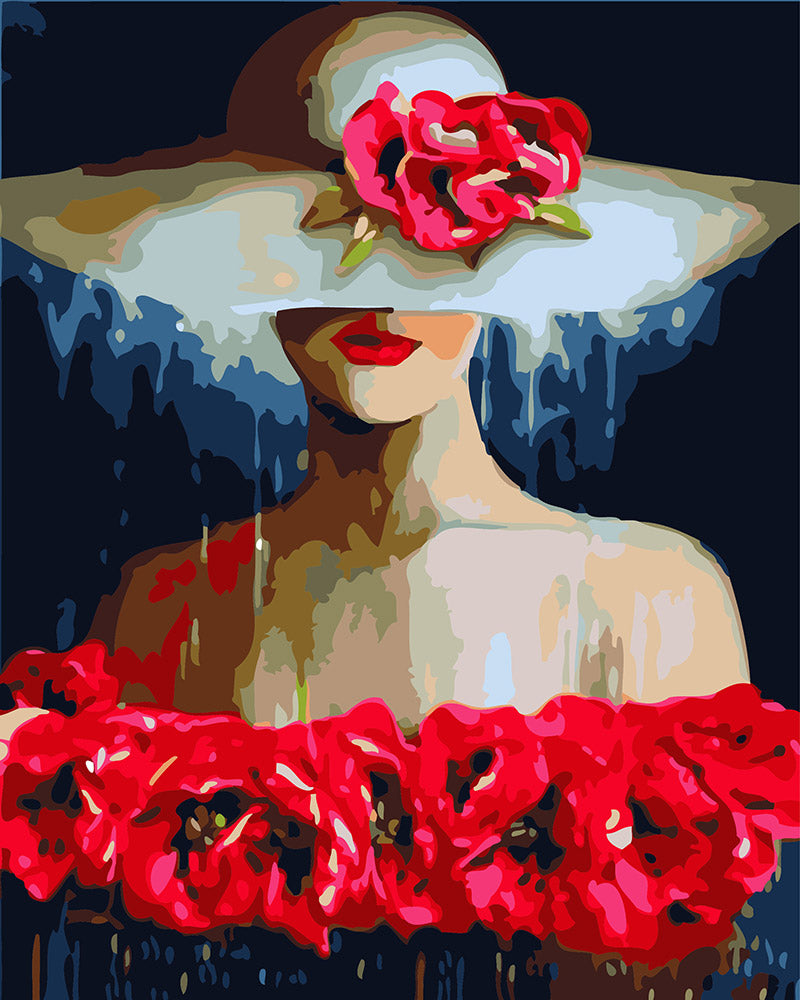 Malen nach Zahlen Figured'Art – Frau mit Hut und Blumen