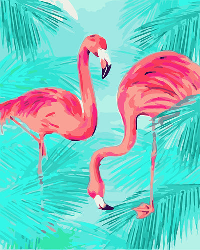 Malen nach Zahlen Figured'Art – Duo von rosa Flamingos und Laub