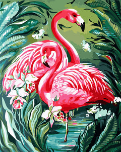 Malen nach Zahlen Figured'Art – Liebenswerte rosa Flamingos und Laub