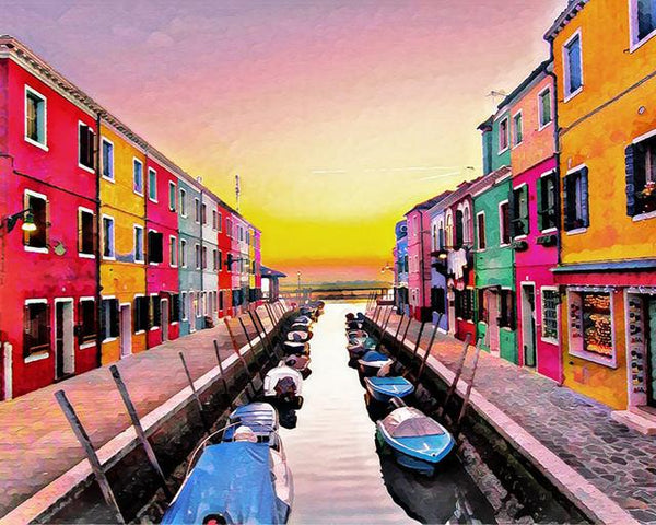 Wandbild 'Casas De Colores' - Burano/Venedig Auf Holz Gedruckt, 3-teilig, 97x62 Cm, Inkl. Aufhänger