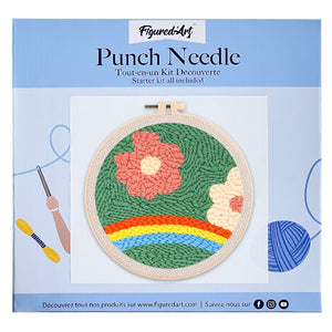 Punch Needle Blumen über einem Regenbogen
