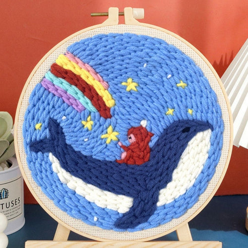 Punch Needle set Kleines Mädchen und ein Wal mit einem Regenbogen