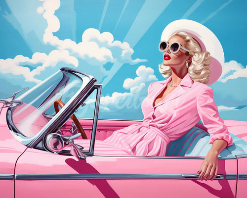 Diamond Painting - Diva in einem rosa Retro-Auto
