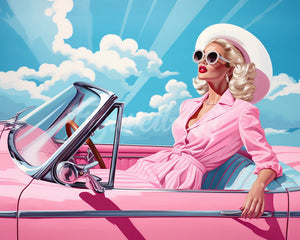 Diamond Painting – Diva in einem rosa Retro–Auto – 40 x 50 cm auf Keilrahmen gespannt