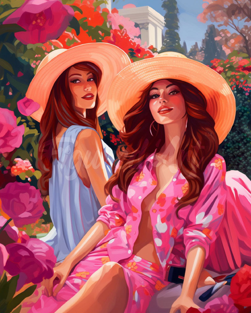 Diamond Painting - Schwestern in einem rosa Garten