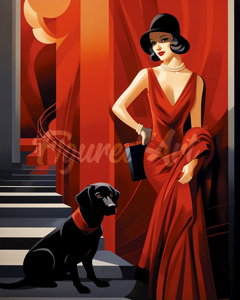 Diamond Painting – Art-Deco-Frau mit ihrem Hund
