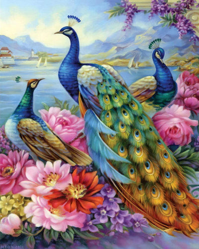 Diamond Painting – Pfauen und Blumen am See