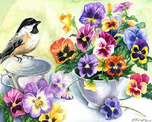 Diamond Painting – Blumen und kleiner Vogel