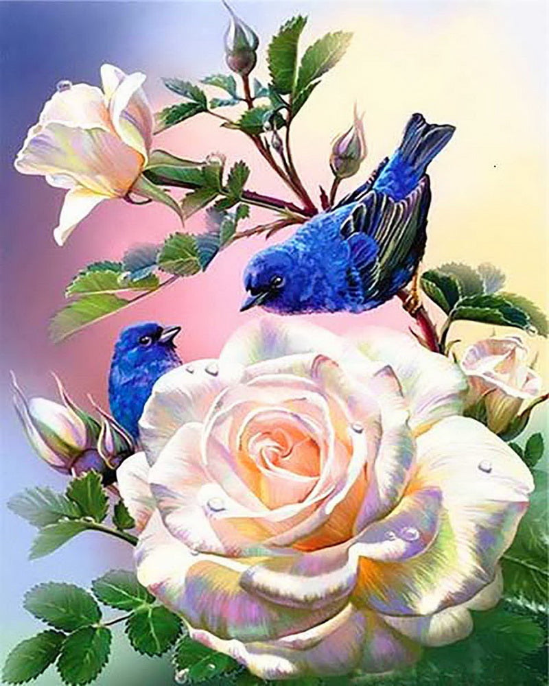 Diamond Painting – Weiße Blumen und blaue Vögel