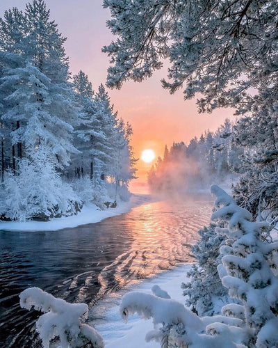 Diamond Painting – Fluss in der Mitte des Waldes im Winter