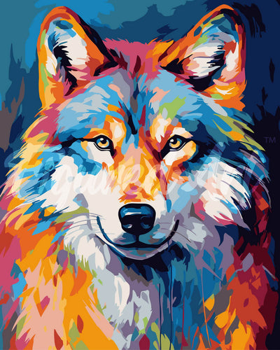 Malen nach Zahlen Figured'Art – Wolf Farbenfroh Abstrakt