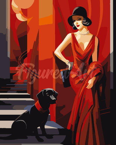 Malen nach Zahlen Figured'Art – Art-Deco-Frau mit ihrem Hund