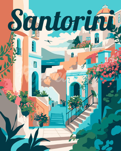 Malen nach Zahlen Figured'Art – Reiseposter Santorin in voller Blüte