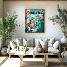 Laden Sie das Bild in den Galerie-Viewer, Reiseposter Santorin in voller Blüte