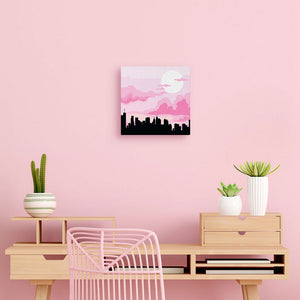 Mini Malen nach Zahlen mit Rahmen - New York unter einem rosa Himmel