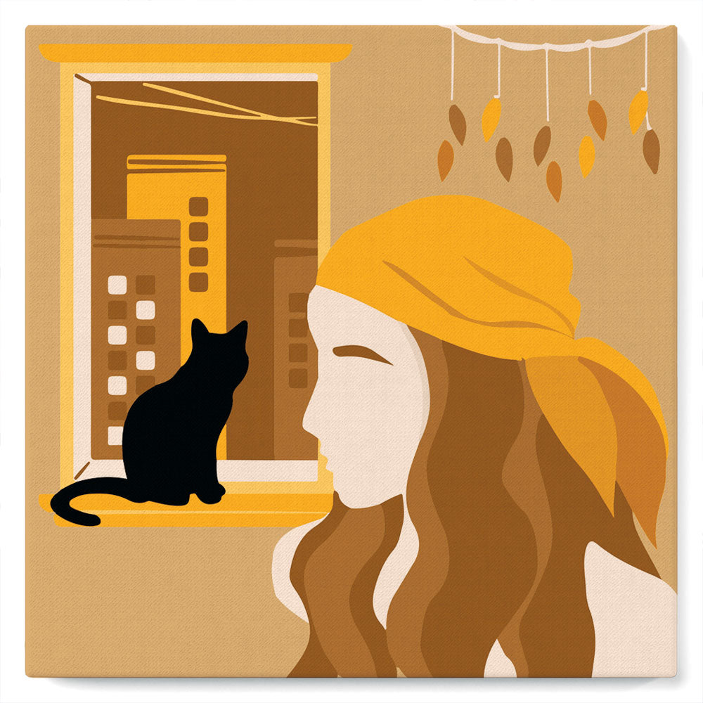 Mini Malen nach Zahlen mit Rahmen 20x20cm - Frau und ihre Katze am Fenster