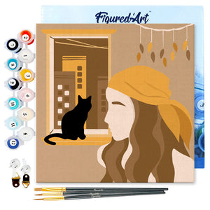 Mini Malen nach Zahlen mit Rahmen - Frau und ihre Katze am Fenster