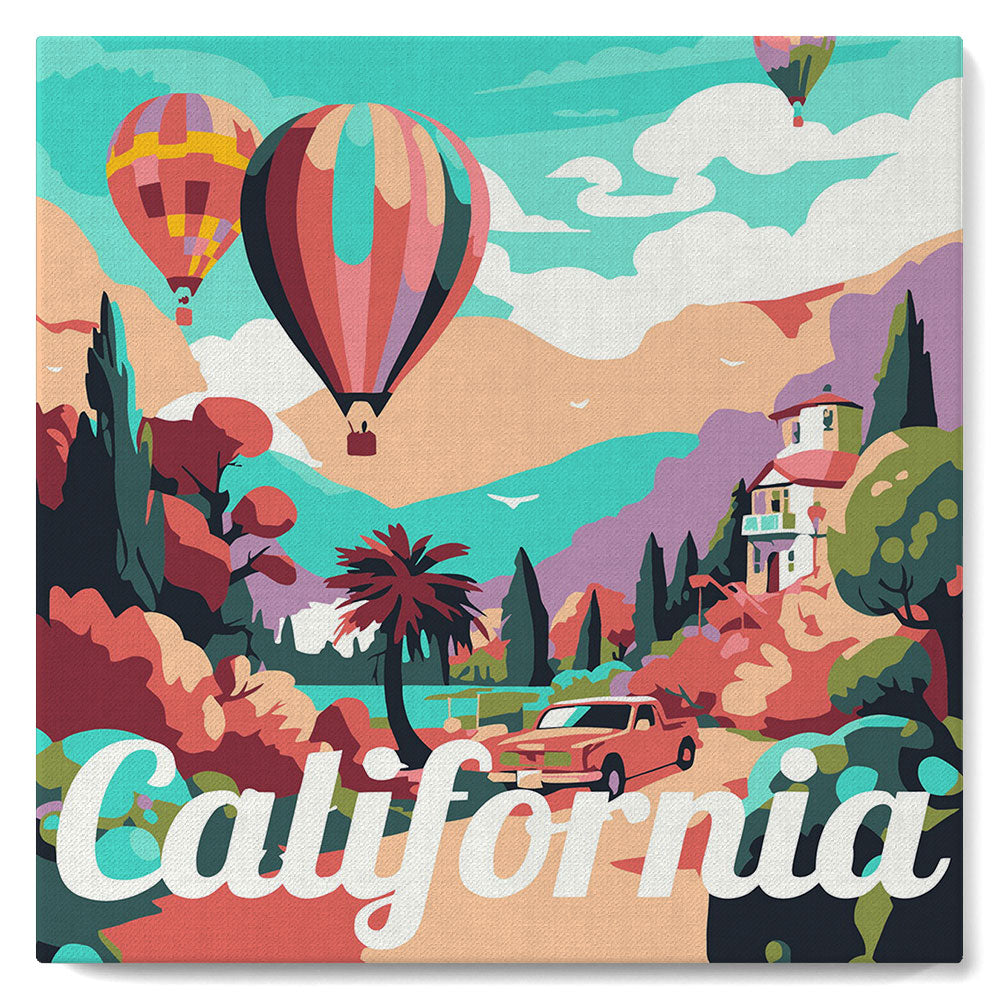 Mini Malen nach Zahlen mit Rahmen - Reiseplakat Kalifornien Ballons