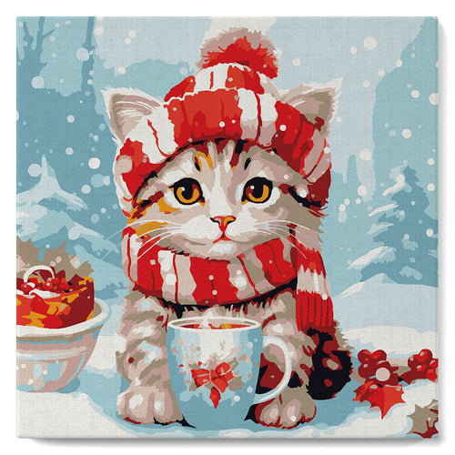 Mini Malen nach Zahlen mit Rahmen - Niedliche Katze mit rotem Schal