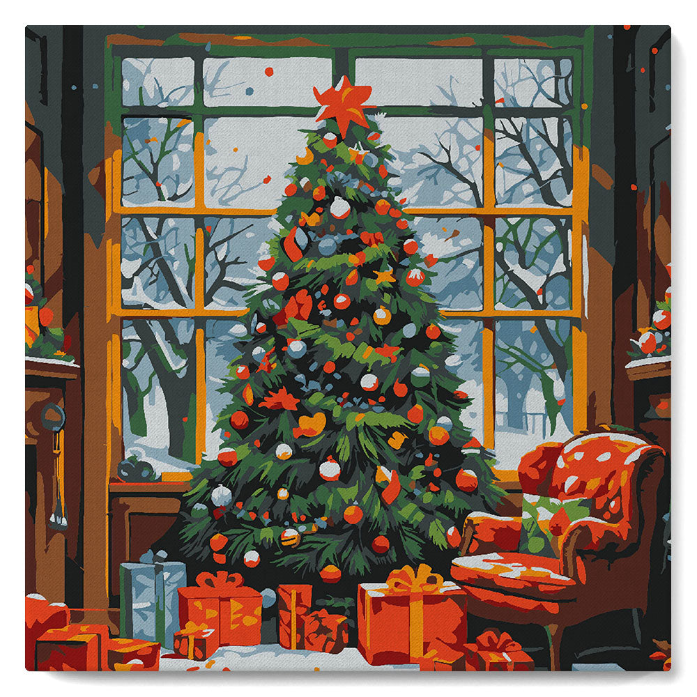 Mini Malen nach Zahlen mit Rahmen - Weihnachtsbaum im Wohnzimmer