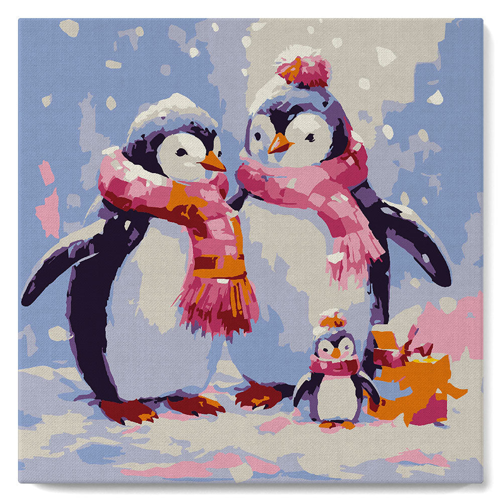 Mini Malen nach Zahlen mit Rahmen - Pinguinfamilie im Schnee