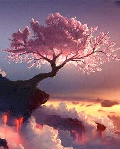 Malen nach Zahlen fŸr Erwachsene |ÊRosaroter Baum und Wolken | Figured'Art