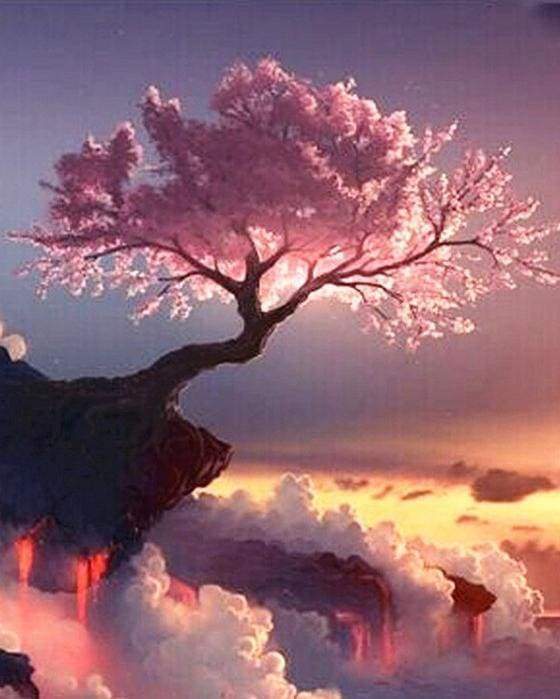 Malen nach Zahlen fŸr Erwachsene |ÊRosaroter Baum und Wolken | Figured'Art