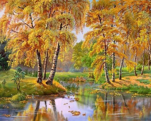 Malen nach Zahlen fŸr Erwachsene |ÊBäume mit gelben Blättern am Fluss | Figured'Art