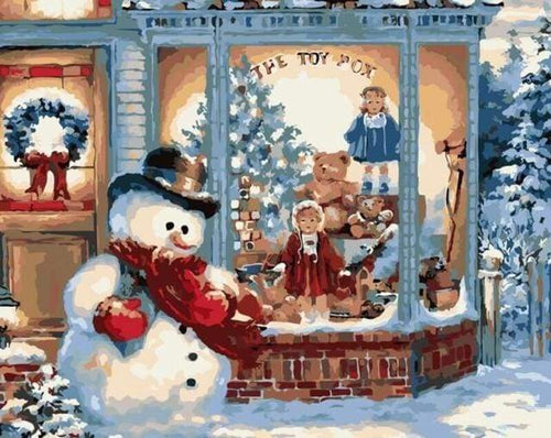 Malen nach Zahlen fŸr Erwachsene |ÊSchneemann vor dem Laden | Figured'Art