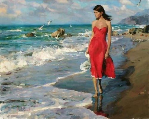 Malen nach Zahlen fŸr Erwachsene |ÊMeer und Frau in rot | Figured'Art