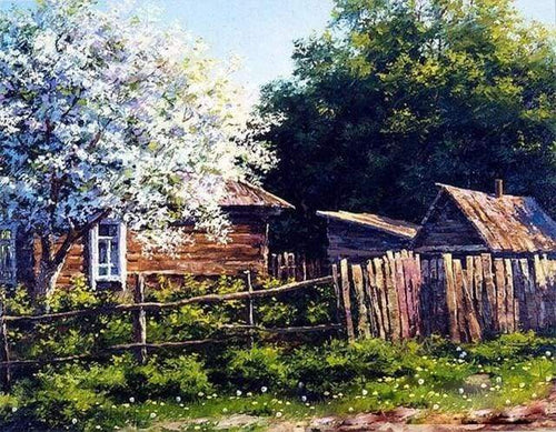 Malen nach Zahlen fŸr Erwachsene |ÊHütte und blühende Bäume | Figured'Art