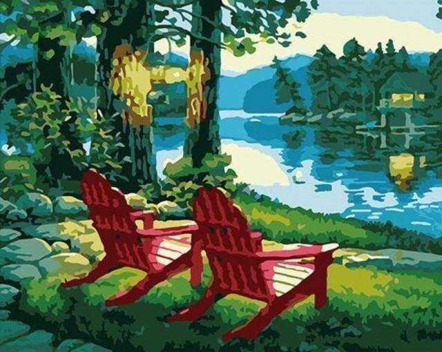Malen nach Zahlen fŸr Erwachsene |ÊLiegestühle am See | Figured'Art