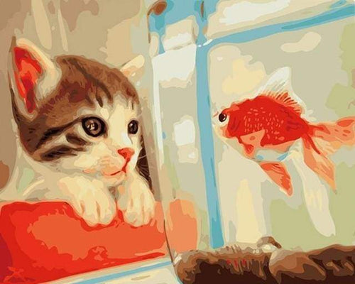 Malen nach Zahlen fŸr Erwachsene |ÊKatze und Goldfisch in einem Glas | Figured'Art