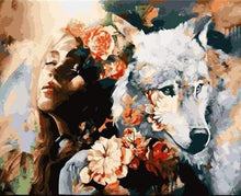 Laden Sie das Bild in den Galerie-Viewer, Malen nach Zahlen fŸr Erwachsene |ÊFrau und weißer Wolf | Figured&#39;Art