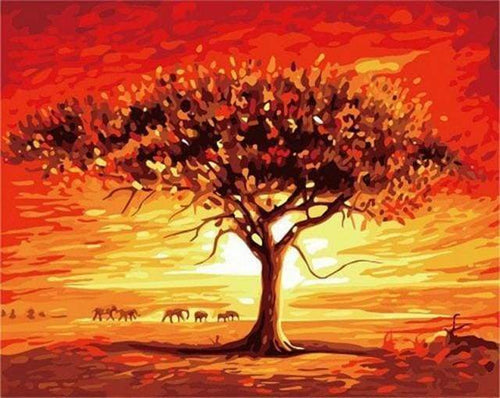 Malen nach Zahlen fŸr Erwachsene |ÊSonnenuntergang und Elefanten | Figured'Art