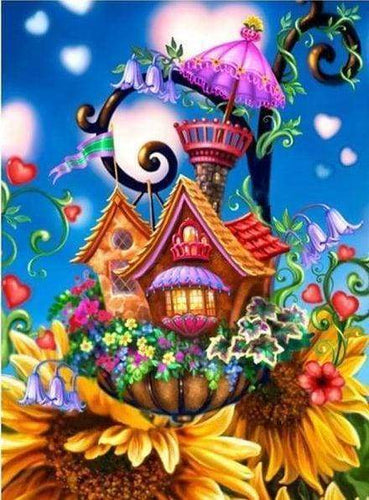 Diamond Painting, Schloss auf Sonnenblumen