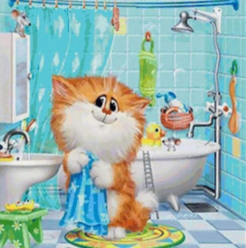 Diamond Painting, Katze im Badezimmer