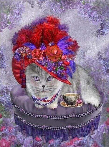 Diamond Painting, Katze mit Hut und Halskette