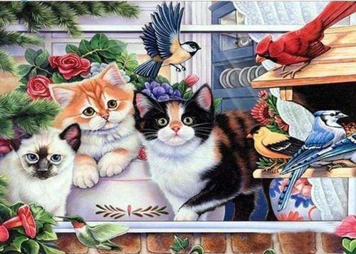 Diamond Painting, Katzen und Vögel