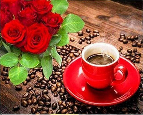 Diamond Painting, Kaffee und Blumenstrauß