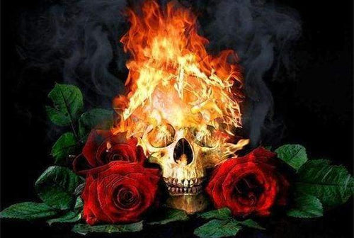 Diamond Painting, Feuerschädel und Rosen